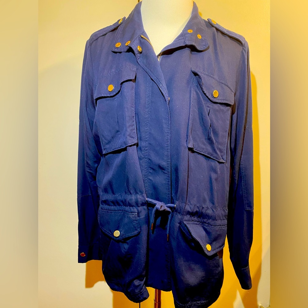 White House Black Market- navy blue with gold metal snaps and zipper in front